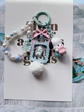 Cute Pochacco and Bead Keychain - Blue/Pink